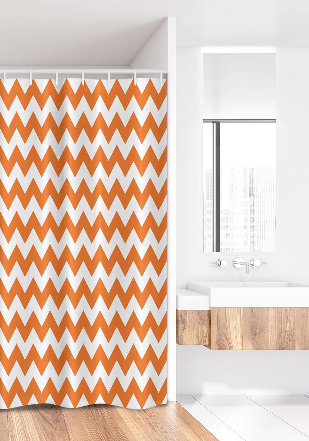 Ambesonne Chevron Stall Shower Curtain, Halloween Pumpkin Color Chevron Traditional Holidays Autumn Season Celebrate, Fabric Bathroom Decor Set with Hooks, 36" W x 72" L, White Orange