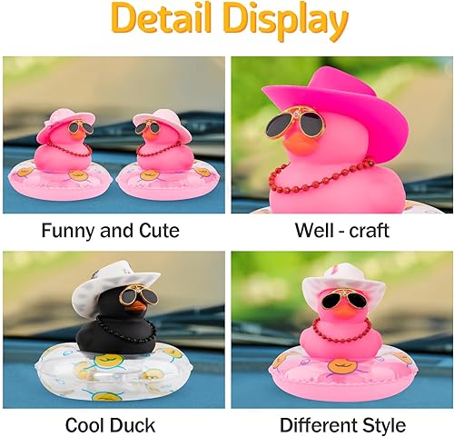 Miniatura 3 de wonuu Decoración de coche de pato de goma, accesorios para automóvil, adorno para tablero de instrumentos con sombrero de vaquero, anillo de