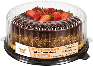 WOW 9in Premium PET Round Cake Carrier, 50-Pack | Fits 9in Cakes, Clear Dome Lid, Stackable, Lightweight, Desserts, Pies, Pastries, 11.5in Diameter