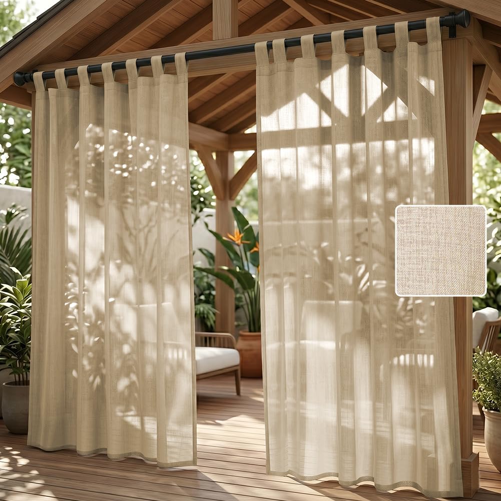 AUAUY 2 Panels Outdoor Curtains, Waterproof Sheer Curtains Linen, 132x213cm