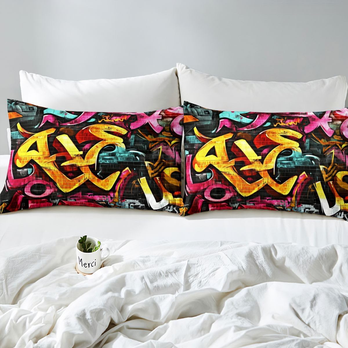 Feelyou Hippie Comforter Set Boys Teens Hip Hop Street Culture Bedding Set Kids Youth Wall Art Duvet Cover Graffiti Pattern Quilt Cover, Room Decor 2Pcs Twin Size