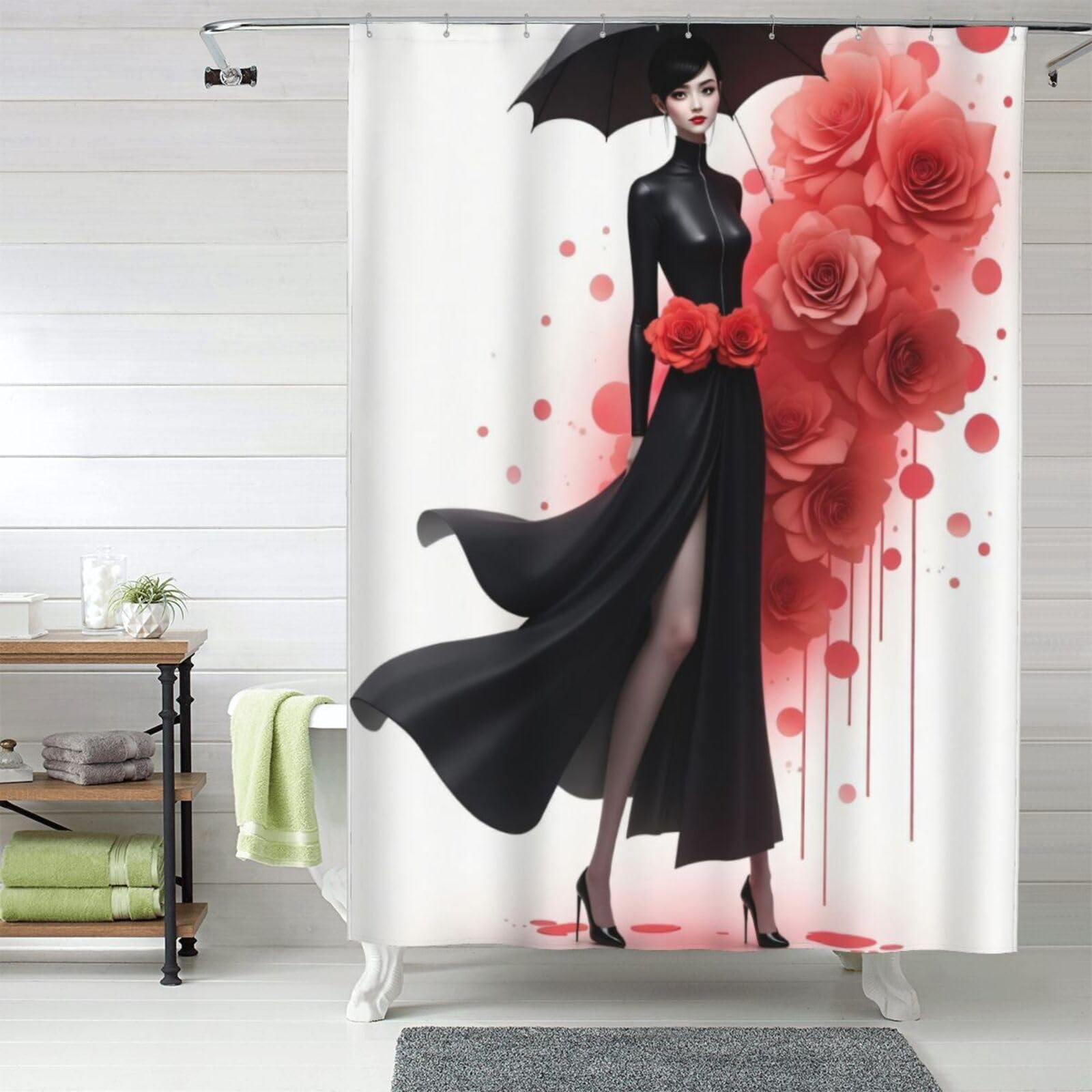Rideau de douche anti regard en tissu occultant 152x183 cm motif femme rose