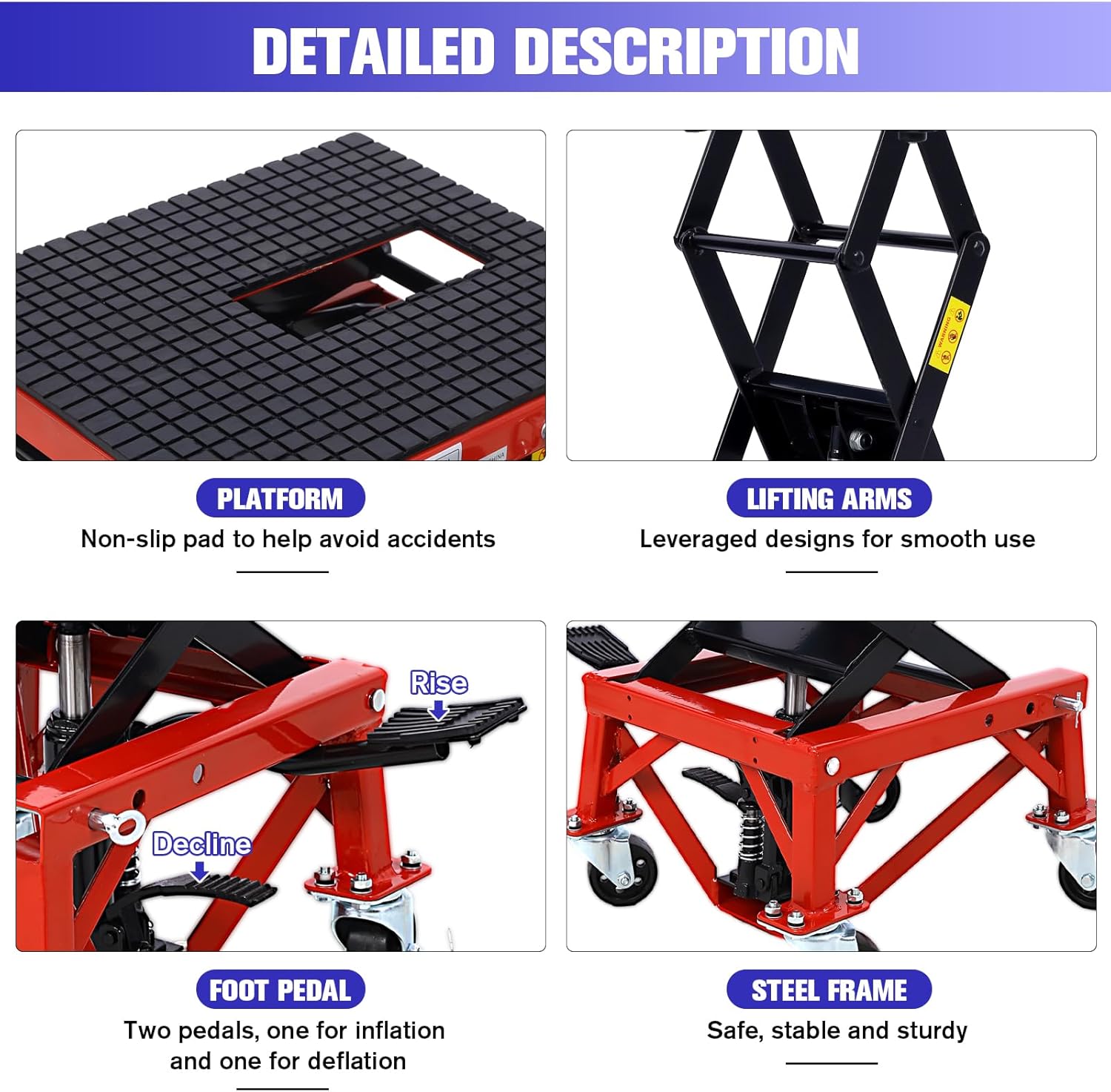 300 lbs Hydraulic Motorcycle Scissor Jack Lift Foot Step Wheels with Footstep Lever, Lift Table with 4 Wheels, Raises Bikes from 13.4" to 36.2", for Small Dirt Bikes, Red