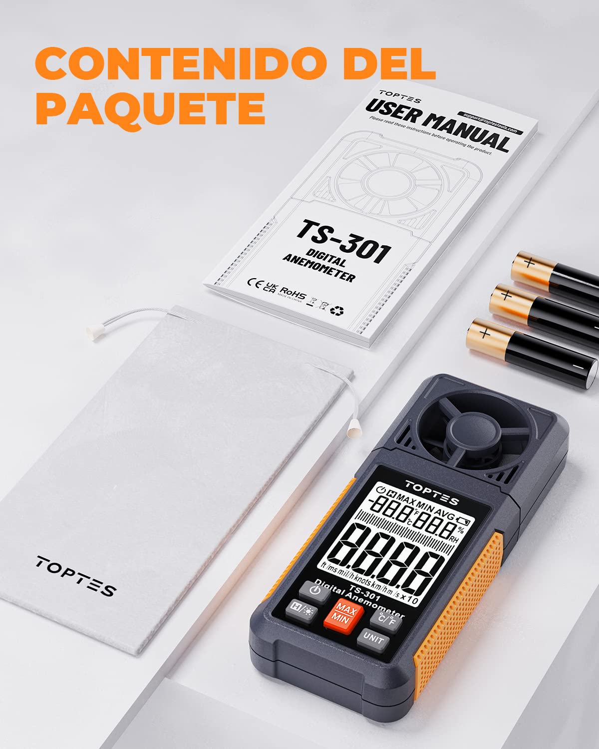 TopTes TS-301 Anemometro Misuratore di velocità del vento con display LCD da 2,26 pollici Temperatura e Umidità del vento, Regalo per riprese, HVAC, Drone volante