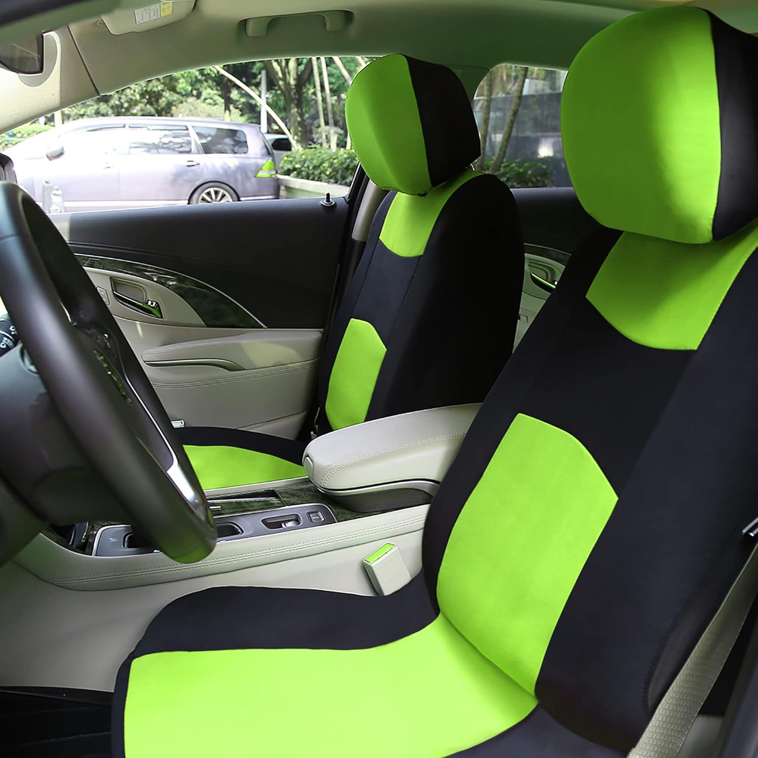 X AUTOHAUX Universal Fit Full Set Car Seat Cover Kit Flat Cloth Fabric Seat Protector Pad for Most Car Truck SUV Black Green