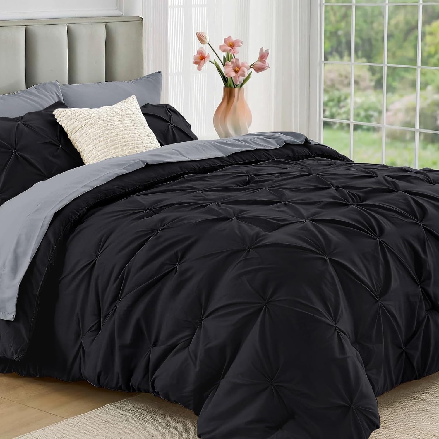 JOLLYVOGUE Queen Comforter Set 7 Pieces - Bed in a Bag Queen for All Season, Pintuck Bedding Comforter Sets with Comforter, Flat Sheet, Fitted Sheet and Pillowcases & Shams, Black & Light Grey