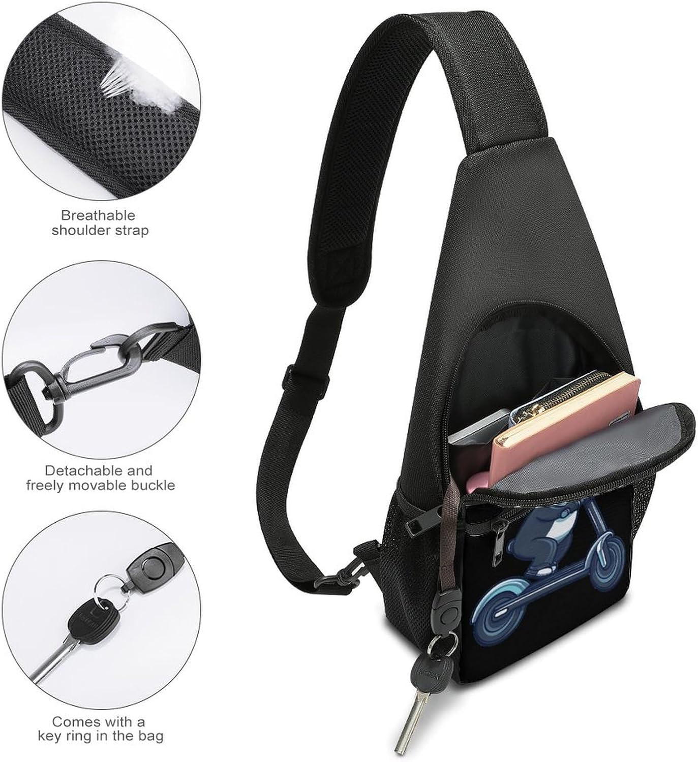 Panda Riding Electric Scooter Crossbody Sling Backpack Chest Bag Daypack | unisex,trendy,with convertible and detachable shoulder strap,side pockets