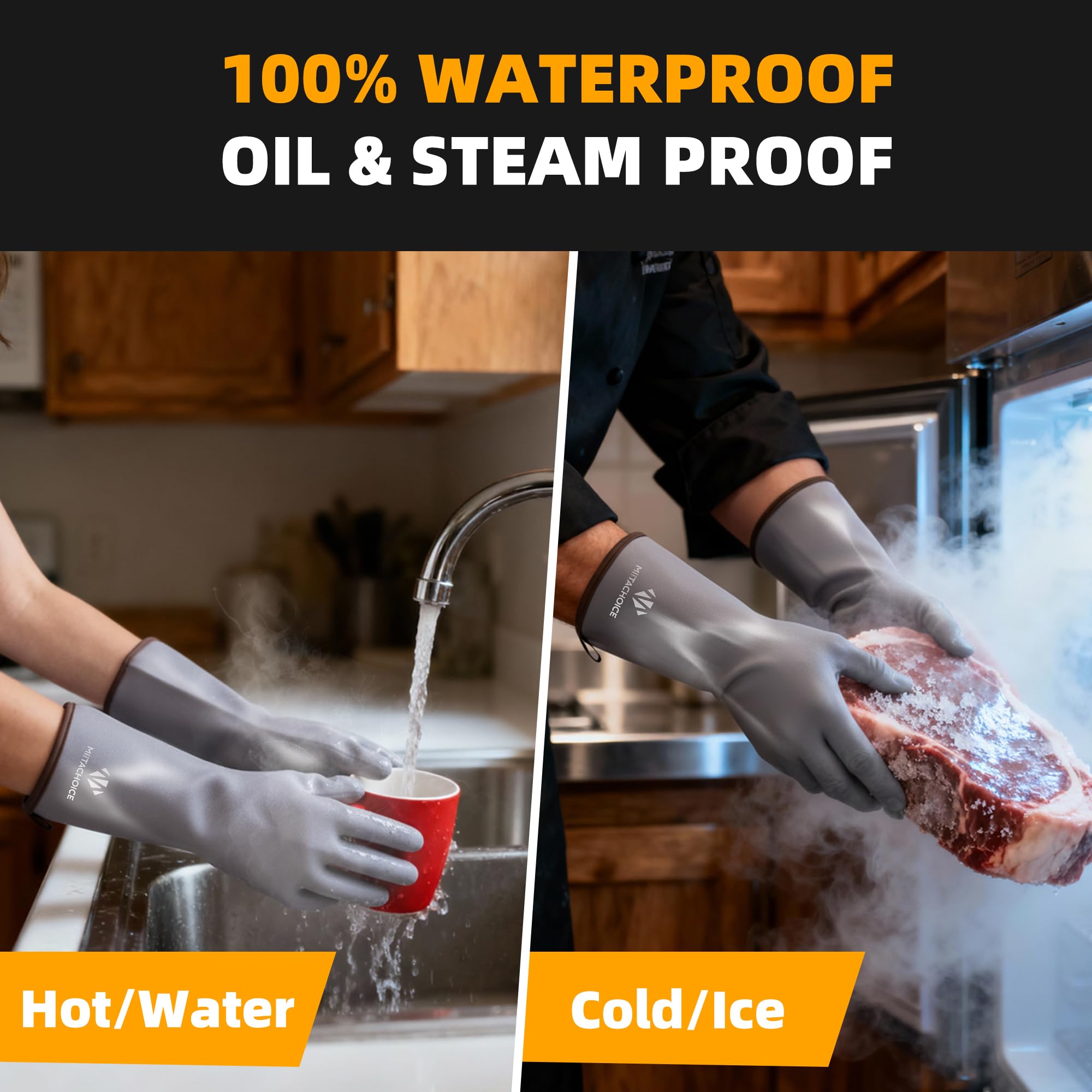 Pitmaster - Guanti da barbecue in silicone liquido, resistenti al calore fino a 350 °C, impermeabili, per cucinare e grigliare, 35,1 cm, extra lunghi per mani grandi (grigio)