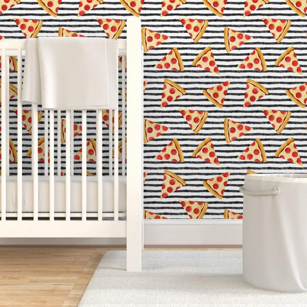 Removable Wallpaper 12ft x 2ft - Pizza Black Stripes Food Trendy Hipster Junk Pepperoni Custom Pre-Pasted Wallpaper by Spoonflower