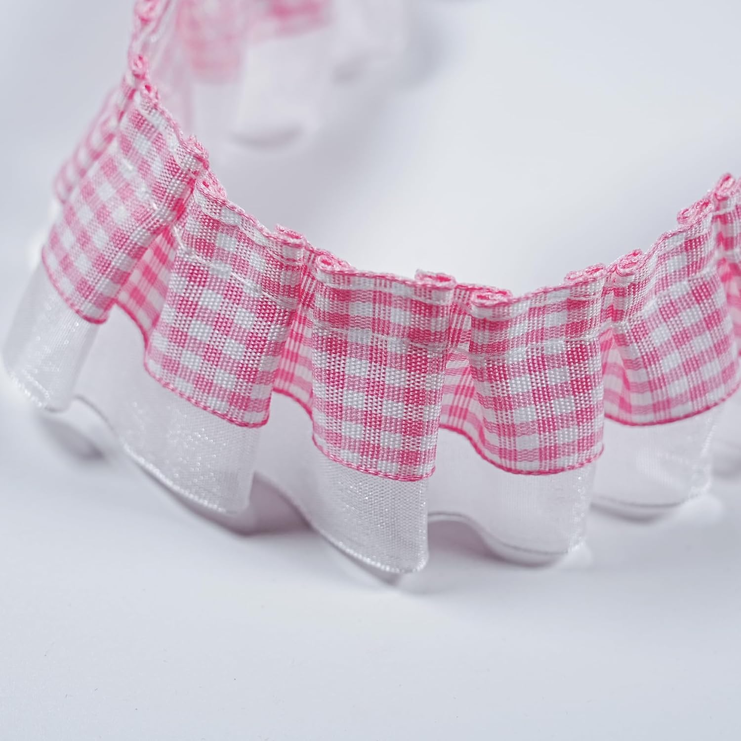 8 Yards Gingham Ruffle 2-Layer Pleated Edging Trimmings, Gingham Lace Ribbon Fabric Trims for Sewing Making Crafts Dress Curtain Wedding Costume Pillowcase Decor (Pink)