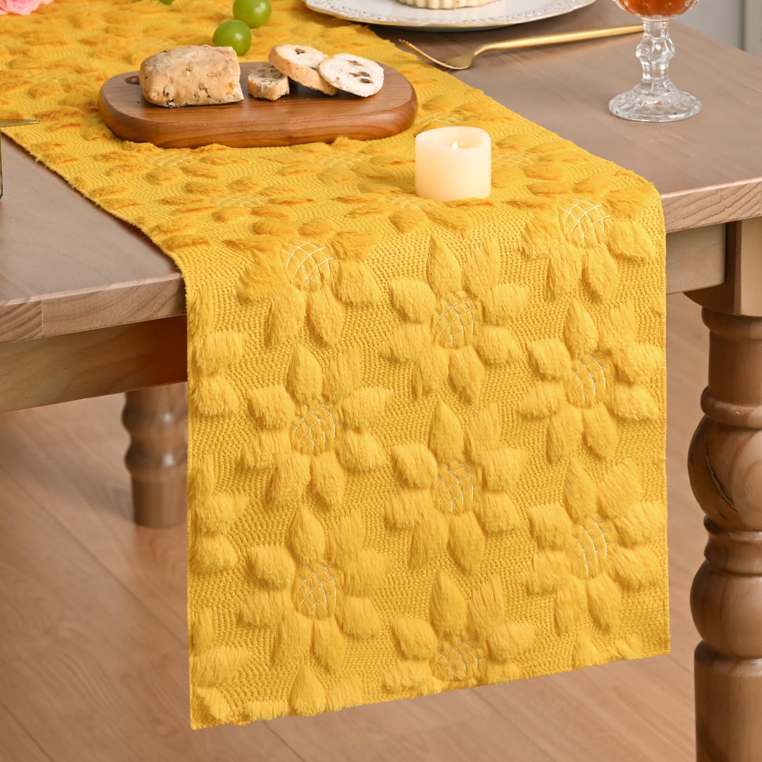 Artoid Mode Soft Plush Faux Fur Yellow Sunflowers Spring Table Runner, Summer Kitchen Dining Table Decoration for Home Party Decor 33x153 cm