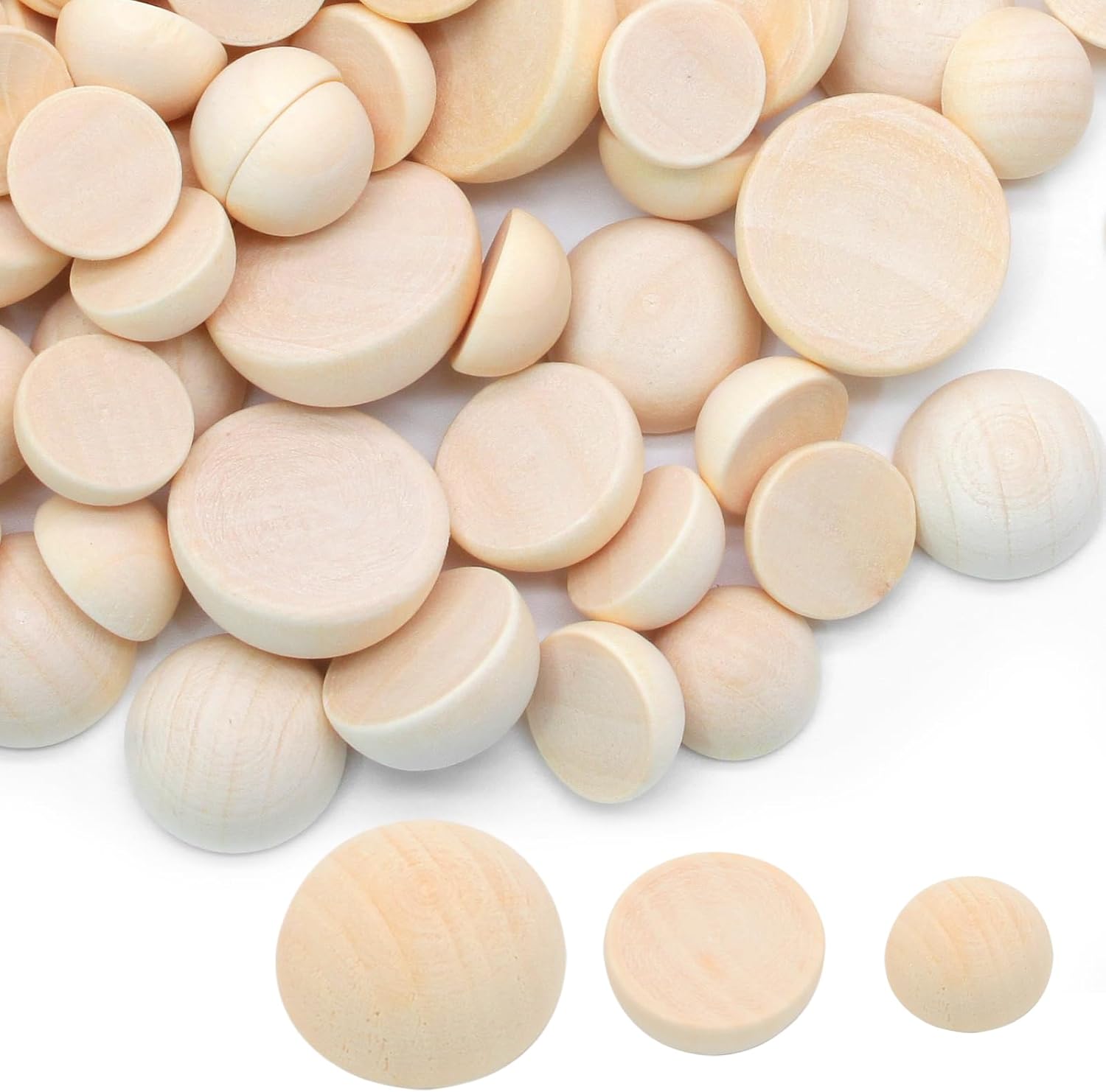 Uenhoy 200 Pcs Half Wooden Beads in 3 Size, 12mm/15mm/20mm Unfinished Split Wood Balls, Natural Wood Half Sphere Balls for Paint DIY Projects and Craft