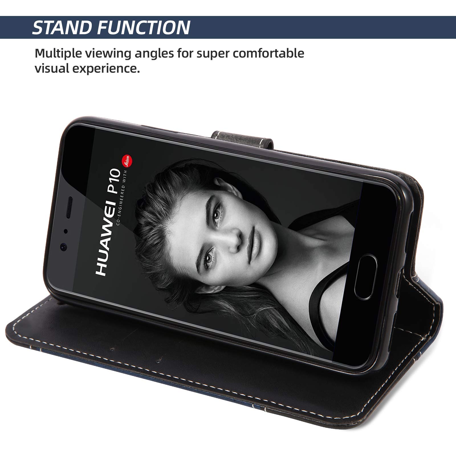 Bozon Leder-Hüllen Für Huawei P10, Flipcase Mit Kartenfächern & Ständer – Schwarz