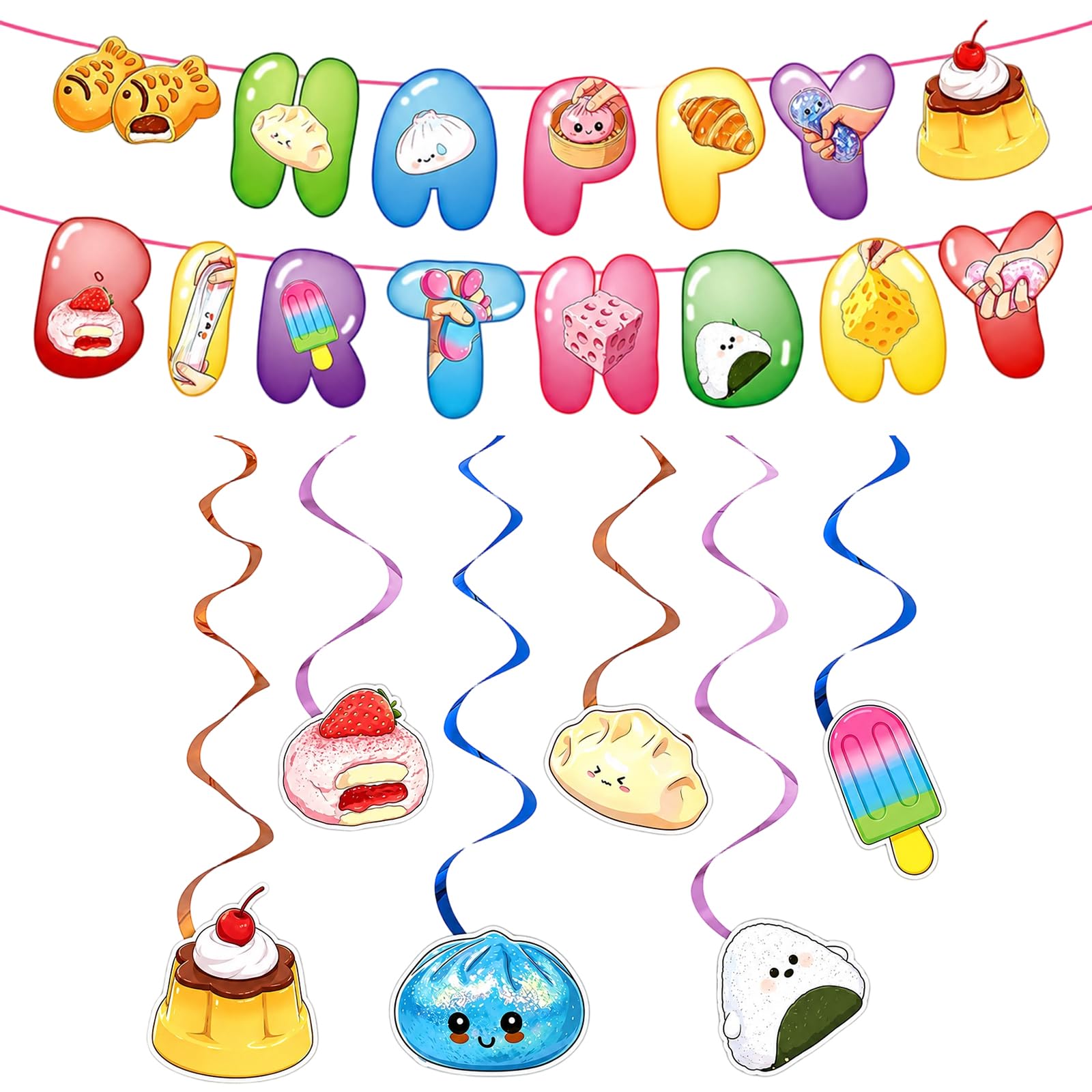7Pcs Squishy Birthday Decorations, Happy Birthday Banner with Hanging Swirl