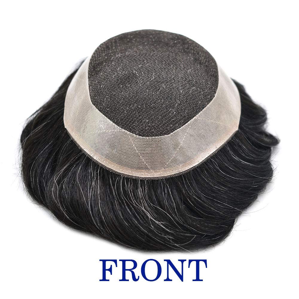 FACE MIRACLE Mens Toupee Human Hair Replacement System French Lace Durable Poly Skin Around Hairpieces Toupee for Men Natural Hairline 6X8#1B30#1B Off Black+30% Grey