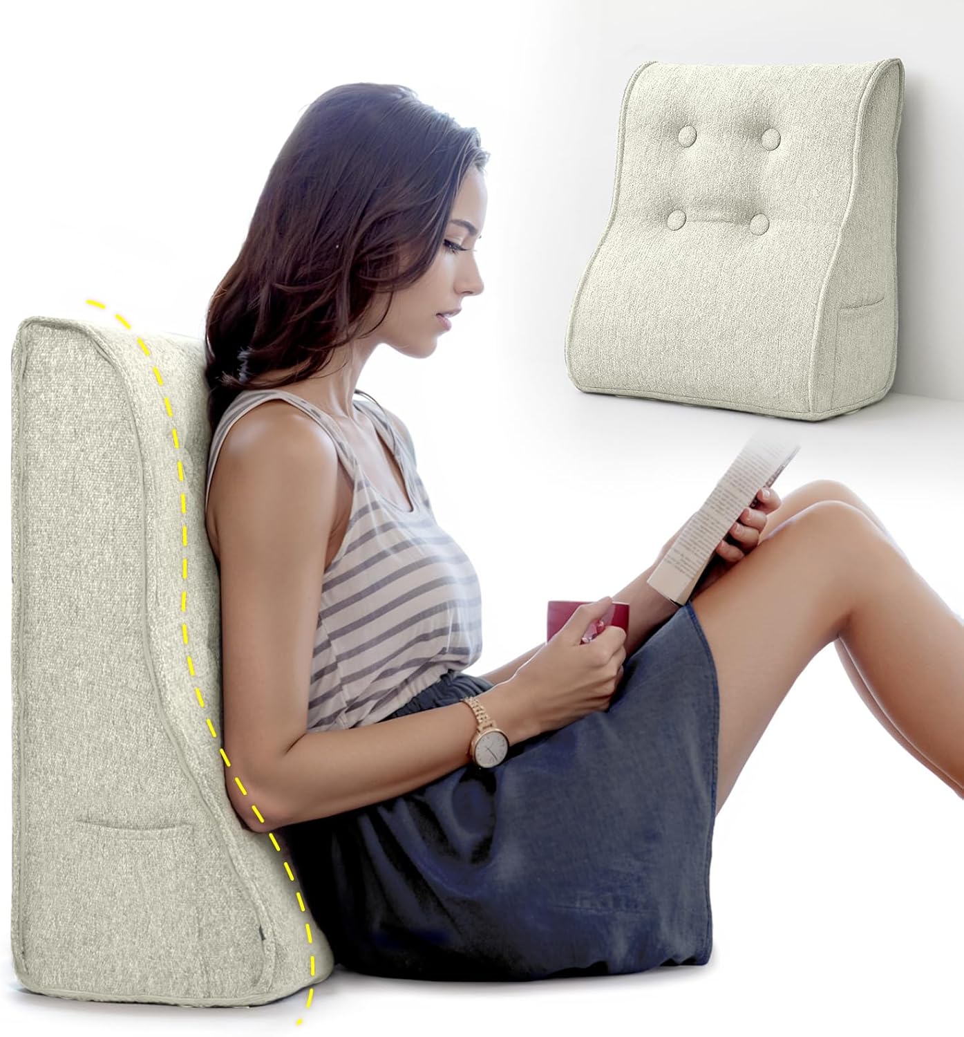 Daneey Reading Pillows for Sitting in Bed Adult Back Pillow for Bed Sitting Up, Back Support Pillow, Foam Wedge Pillow for Neck, Lumbar, Back, Beige, 20 * 9 * 22IN