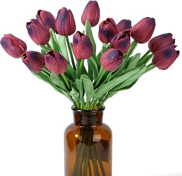 SITUMEIZI 15pcs Tulips Fake Burgundy Artificial Flowers Real Touch 14" PU Flower for Home Decor Easter Spring Wedding Bouquet Decorations Mothers Gift Day Floral Arrangements