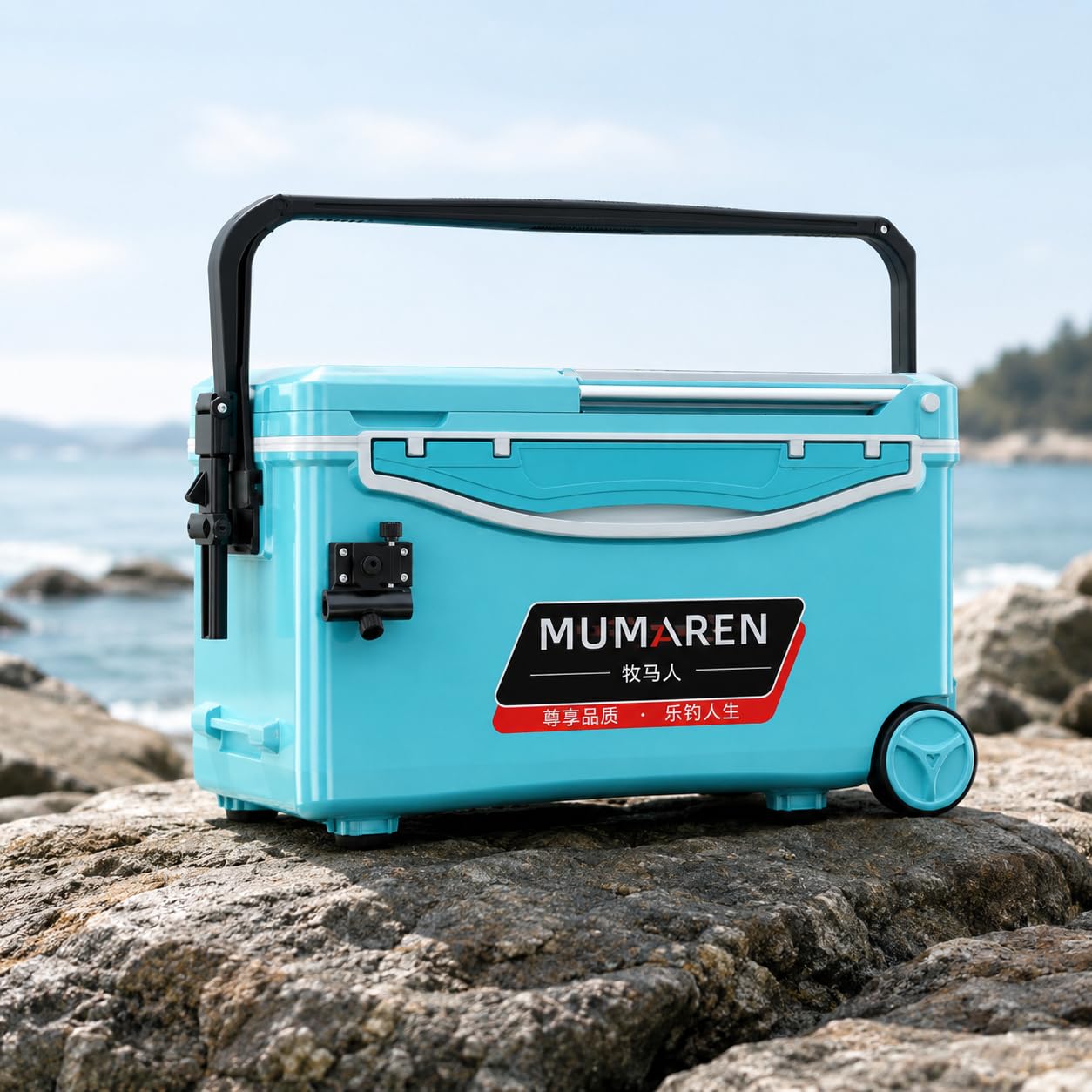 Boîte rangement matériel pêche avec siège et roues, boîte pêche 25-32 L en plastique bleu clair, sans montage