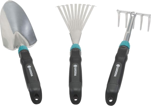 Gardena Comfort zestaw małych narzędzi: idealny zestaw do prac ogrodniczych na balkonach i rabatach; zawiera: łopatkę do kwiatów, małe grabki i grabki (8964-60)