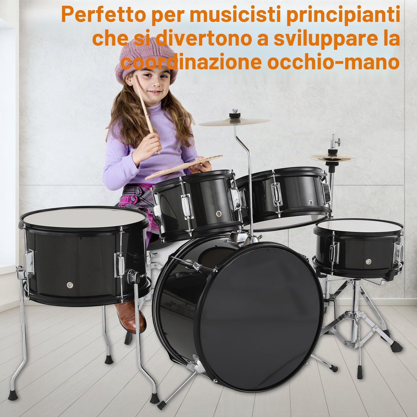Set Batteria 5 Pezzi per Bambini e Principianti – Completo Performance con Grancassa, Tom, Rullante, Piatti, Hi-Hat – Bacchette, Pedale, Sgabello – Regalo Musicale per Giovani – Colore Nero