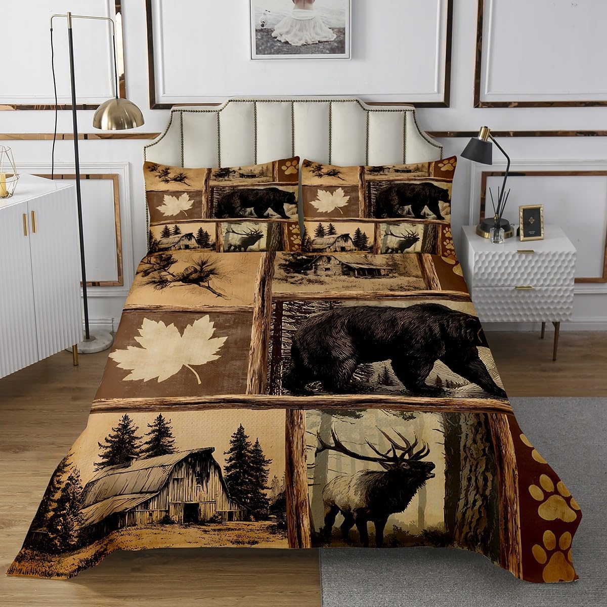 Erosebridal Rustic Deer Pattern Coverlet Set Queen Country Hunting Woodland Bedspread Boho Western Aztec Quilt Set for Kids Adults,Bohemian Geometric Bedding Quilted