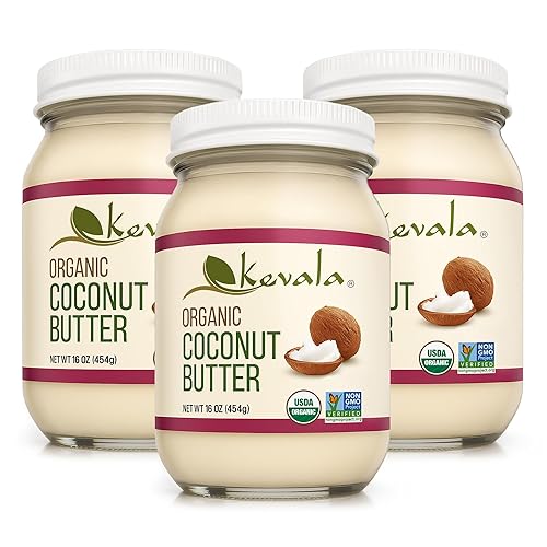 Kevala Mantequilla de coco orgánica – 16 onzas, paquete de 3, crema vegana de coco, sin gluten, sin OMG, azúcar no añadida, kosher, sin colesterol,