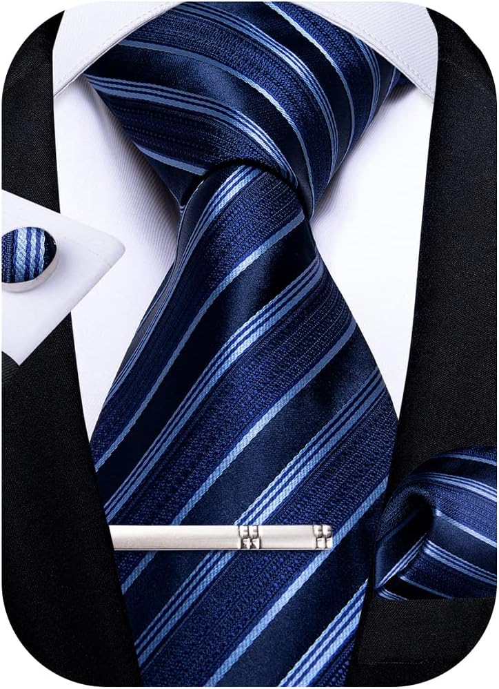 Mens Striped Tie Silk Woven Necktie and Pocket Square Cufflinks Tie Clip Set Wedding Business Formal Gift Tie for Men