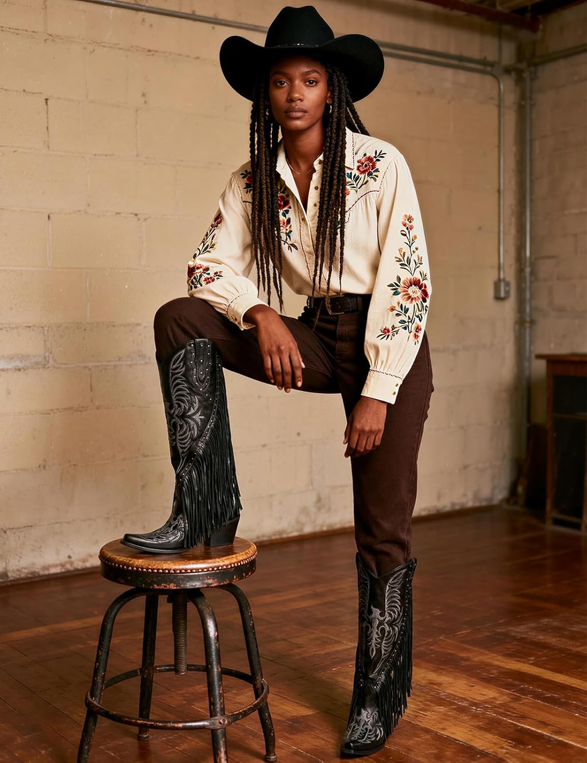 QIY Cowboy Boots for Women Fringe Cowgirl Boots Embroidered Studded Pointed Toe Chunky Heel Western Knee High Boots Pull On Tall Boot