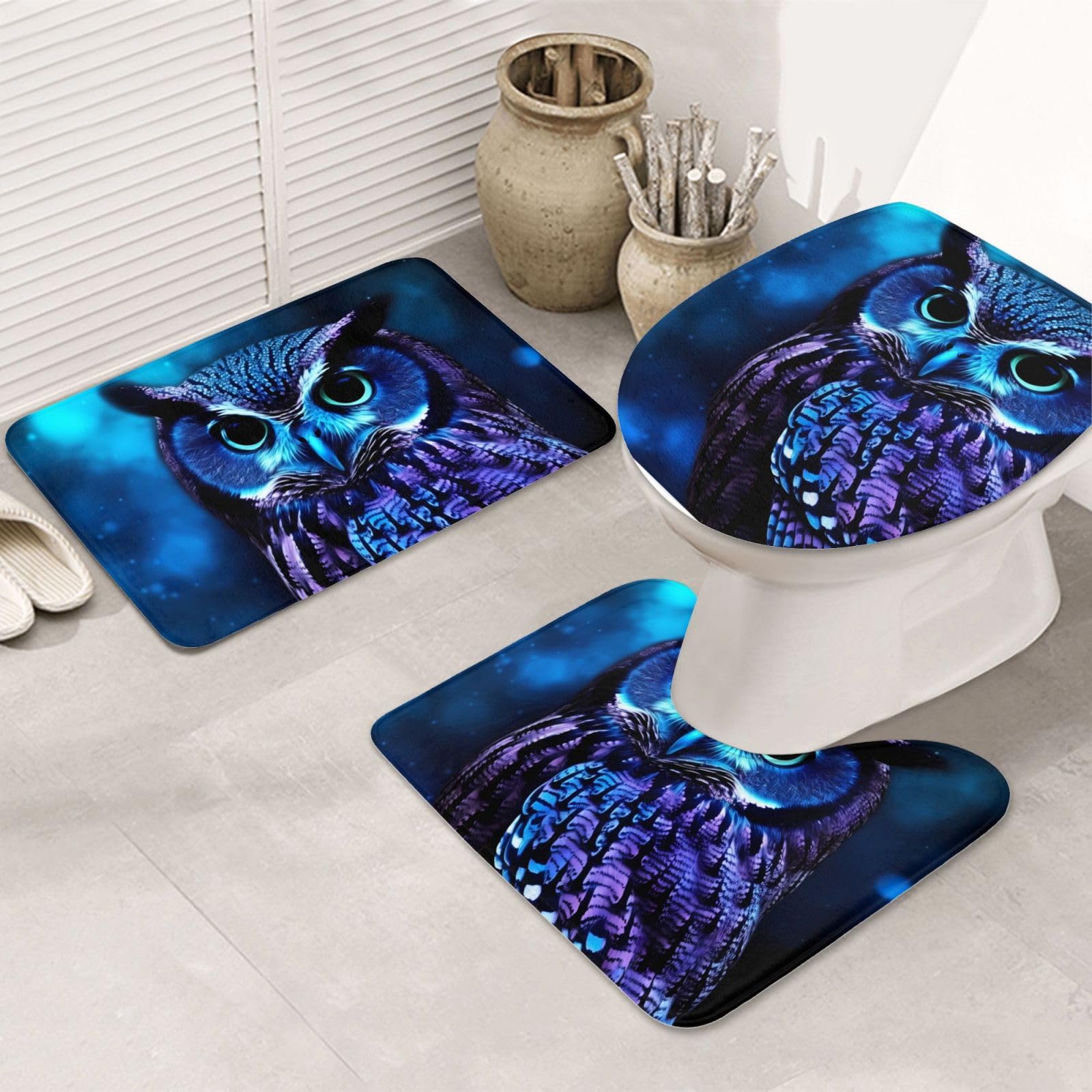 Tapis de bain chouette bleue en microfibre pour pieds sensibles et douche sécurisée