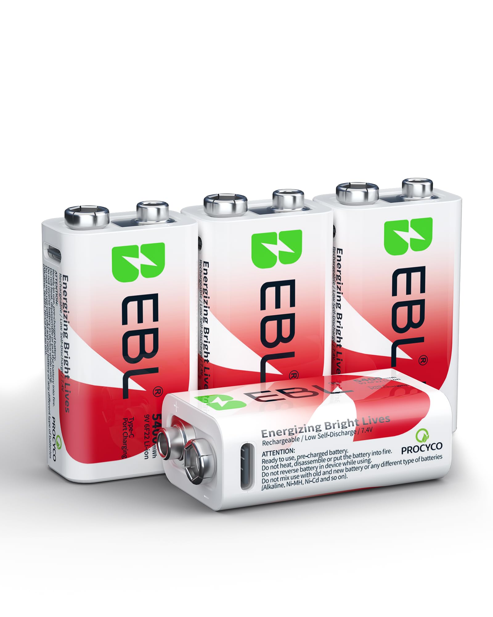 EBL USB Rechargeable 9V Batteries - 5400mWh Long Lasting Batteries with Micro Charging Cable - Quick Charge in 2 Hours (Pack of 4)