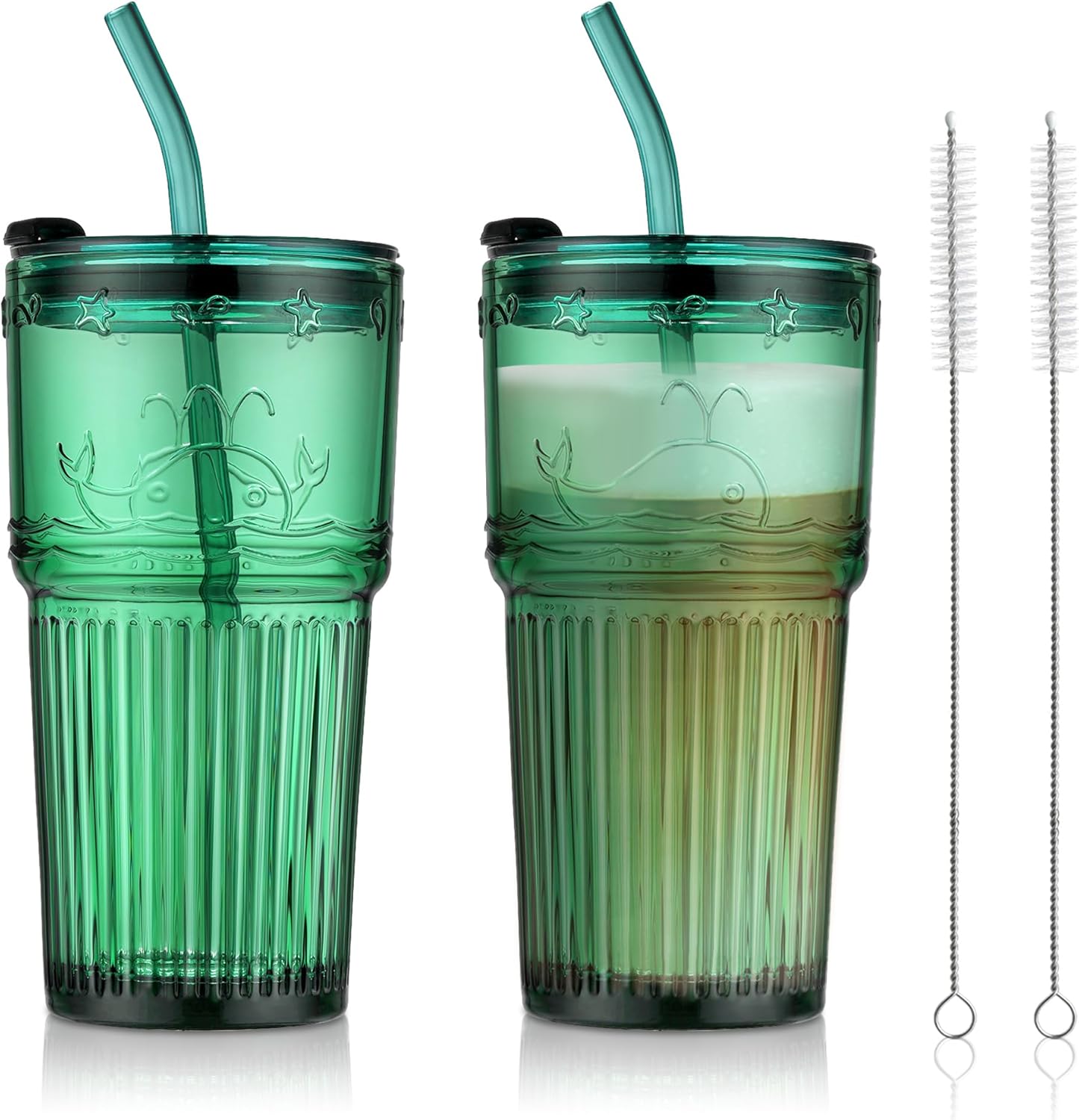 Joeyan Green Glass Tumbler with Lid and Straw,Embossed Iced Coffee Cups with Whale Pattern,Colored Striped Drinking Jars,Water Juice Beverages Soda Glasses,18.5 oz,Set of 2,Dishwasher Safe