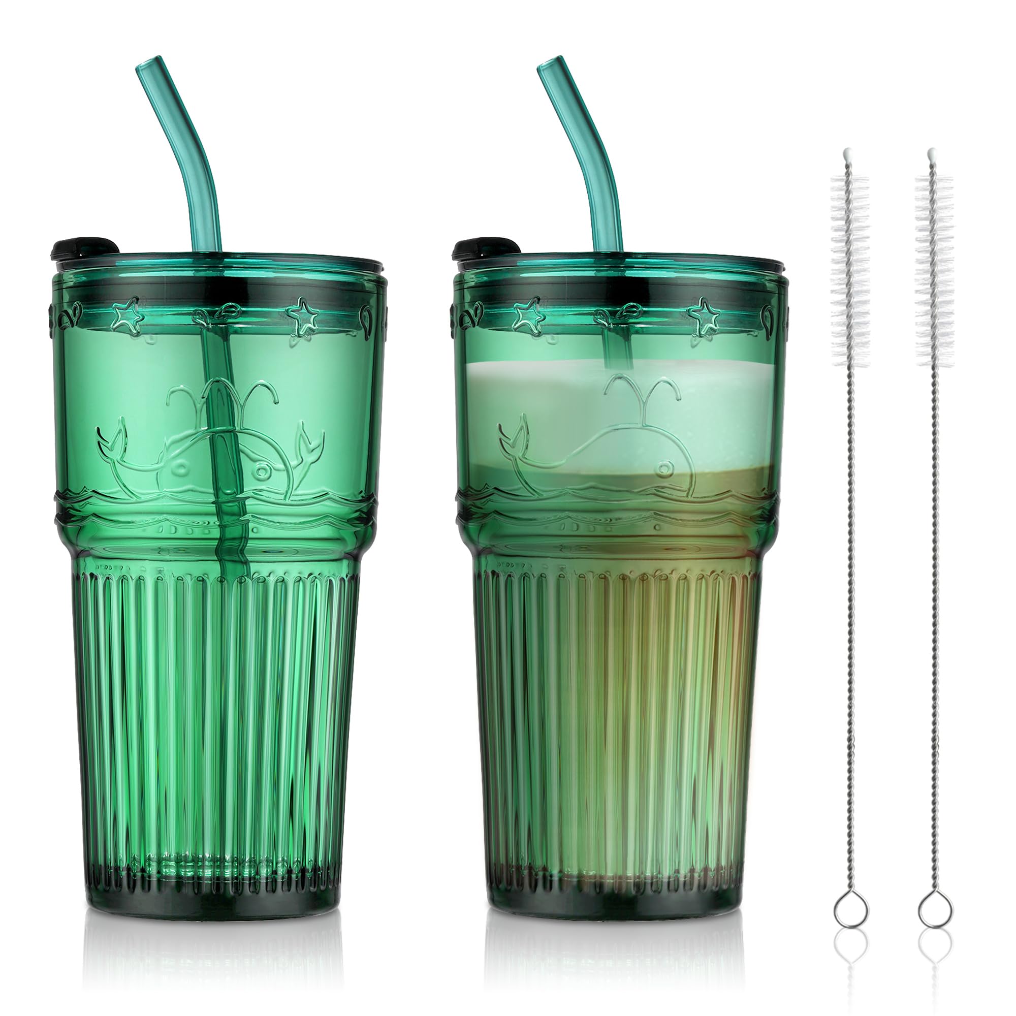 1 tazza in vetro con coperchio in legno e cannuccia, bicchiere per tè con coperchio e cannuccia, bicchieri con coperchio in bambù e cannuccia di vetro, bicchieri da caffè gelato, per caffè