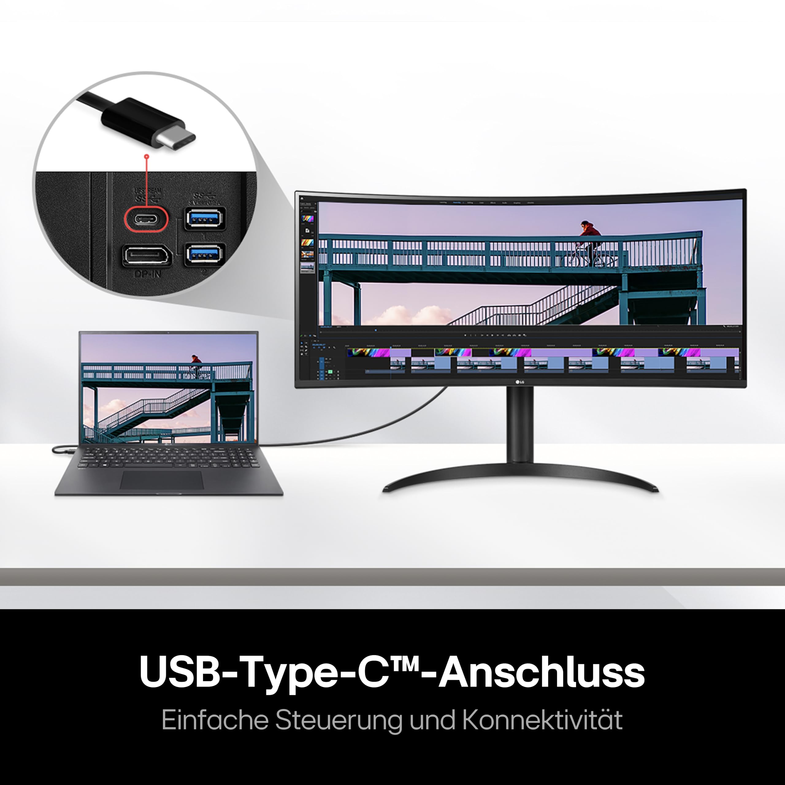 LG UltraWide 21:9 Curved QHD Monitor 34WR55QC-B - 34 Zoll, HDR10, PBP-Modus, OnScreen Control, AMD FreeSync, 100Hz, USB-C, Höhenverstellung (110mm) - Schwarz