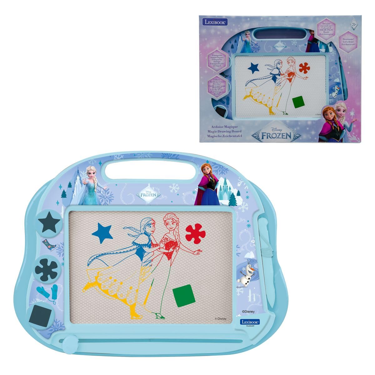 LEXIBOOK, Disney Frozen Magnetic Multicolor Drawing Board, A5 Creative Tablet with Pen, Stamps and Eraser Slider, Portable Design with Handle, Kids Activity Toy from 3 Years, Blue, CRFZ550LXB