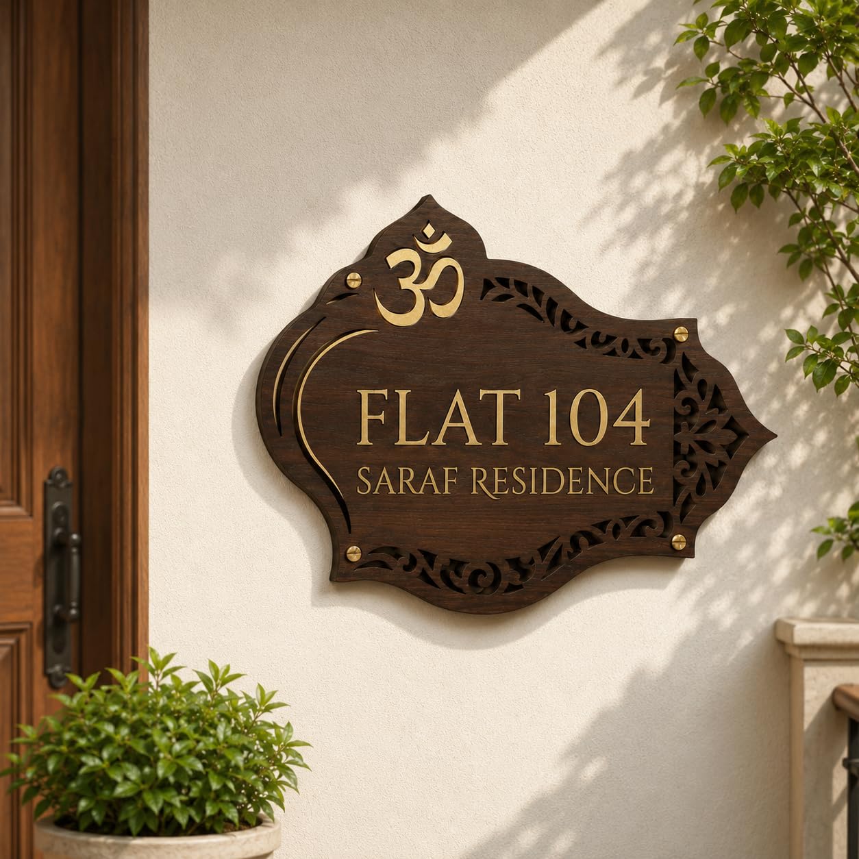 Customised Wooden Name Plate for Home Entrance | Om Design Wall Name Board with 3D Gold Engraving | Personalized Flat Number & Family Name Sign | Premium Wooden Door Decor (13 x 10.7 Inch)-image-27