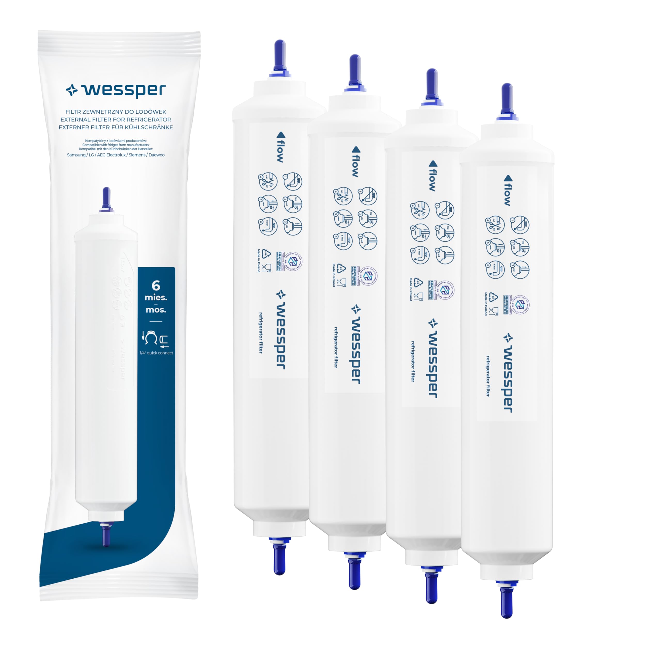 Wessper Kühlschrank Wasserfilter Ersatz für Samsung Side By Side, LG, AEG, HAIER, Whirpool, DA29-10105J, HAFEX/EXP, DA99-02131B, WSF-100, EF9603, USC-100, 4 Stück