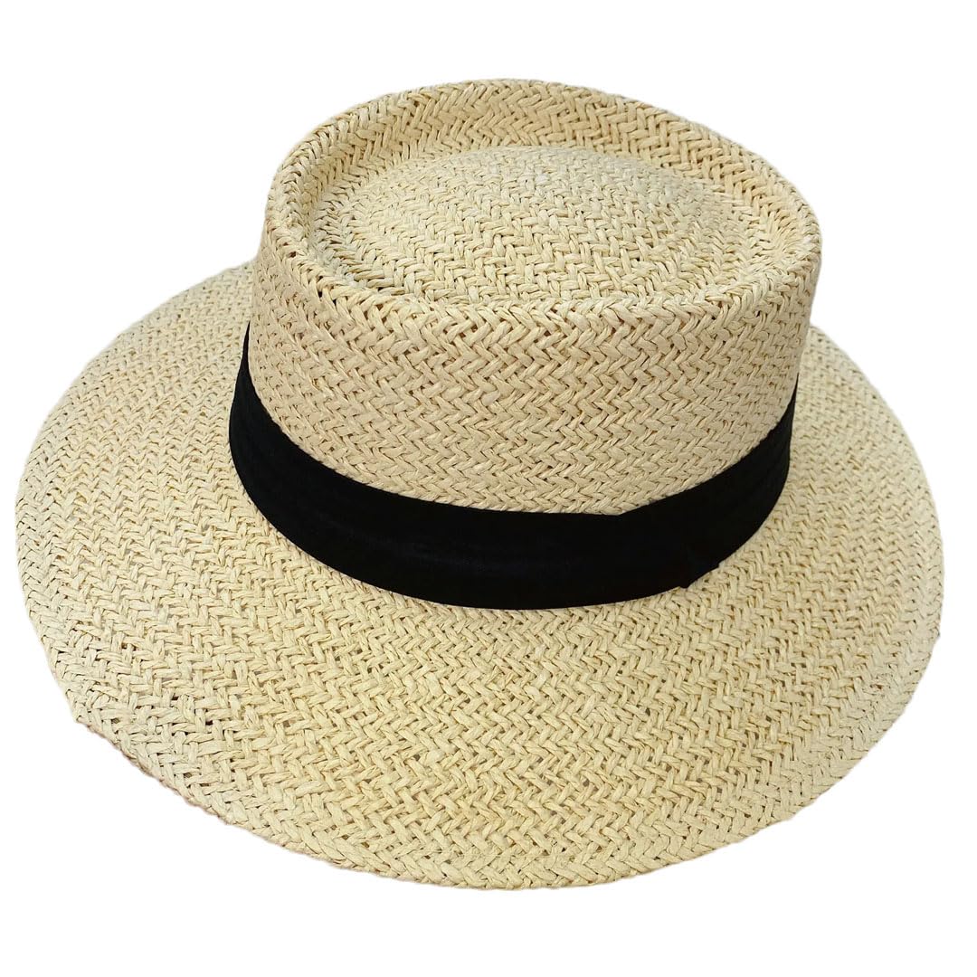 EYRMQWJPC Wide Brim Sun Hat, Women's Straw Summer Sunshade Hat Beach Woven French Style Flat Top Outdoor Multicolor(Beige Black Belt)