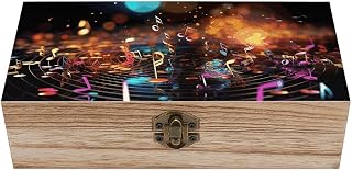 Wooden Storage Box Colorful Music Notes Wood Gift Box with Hinged Lid Vintage Decorative Jewelry Boxes Memory Box for Jewelry Art Hobbies Home Storage Treasure Keepsake Gift 7.9''x3.9''x2.3''
