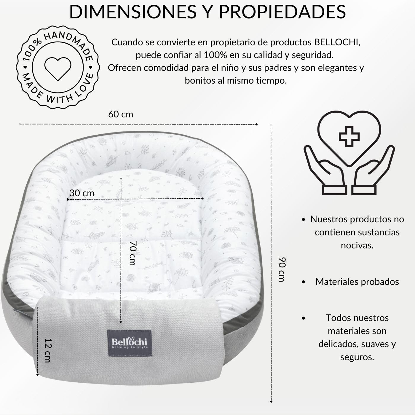 Bellochi Nido Bebe Recien Nacido, Reductor de Cuna Nido para Bebe - 100% Algodón - OEKO-TEX Certificado - 90x60x12cm con Bordes Protectores - Copse