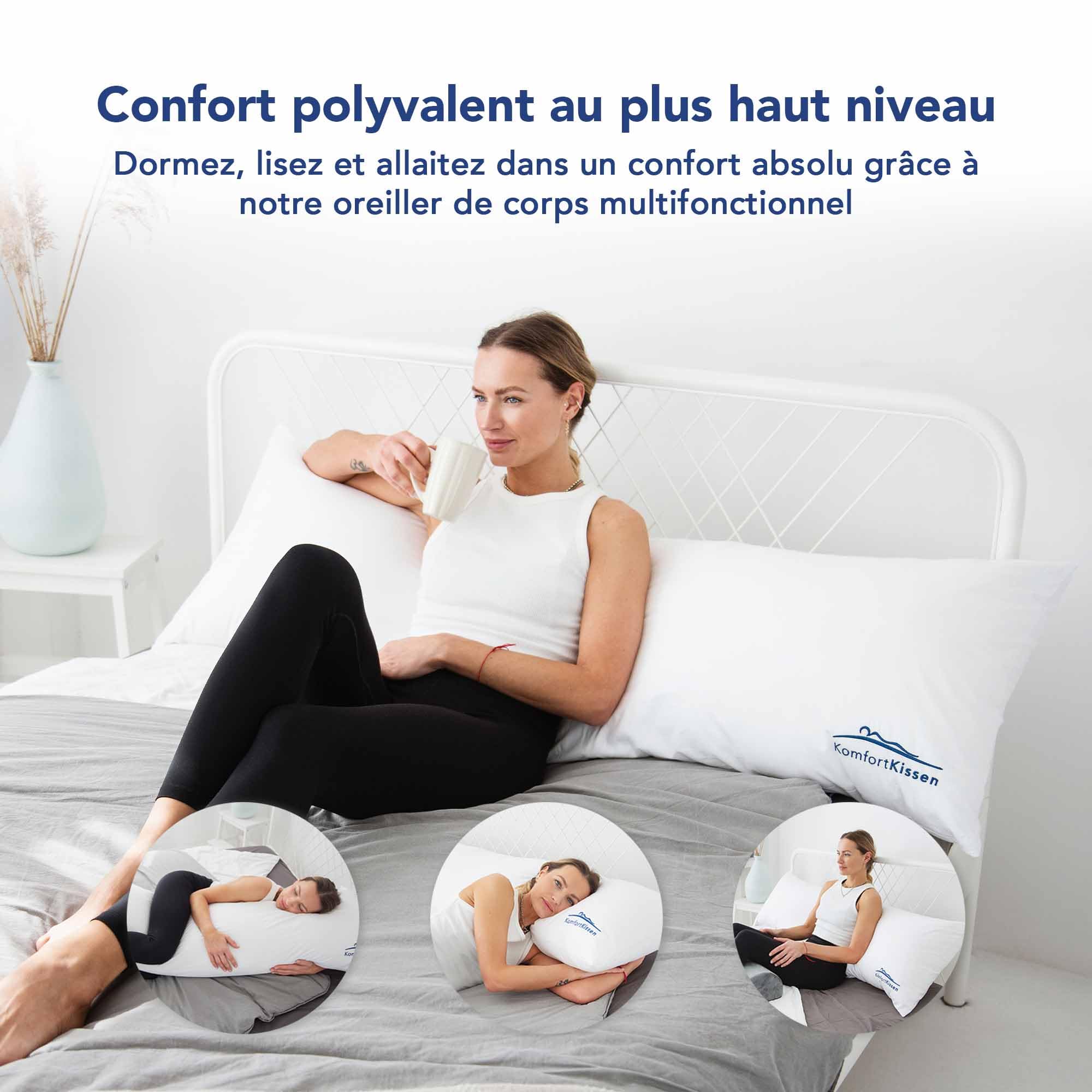 MKS Body Pillow 150 x 50 cm – Oreiller de Corps pour Adulte avec Housse en Coton – Traversin Plat et Coussin Long pour Lit – Idéal comme Coussin pour Dormir sur le Côté, Grossesse et Soutien – Blanc