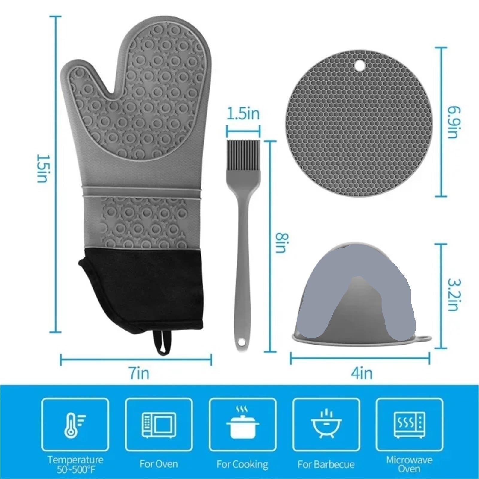 Juego de Manoplas y agarraderas for Horno Extra largas, Guantes Cocina Silicona Resistentes al Calor, Almohadillas Calientes(Gray)