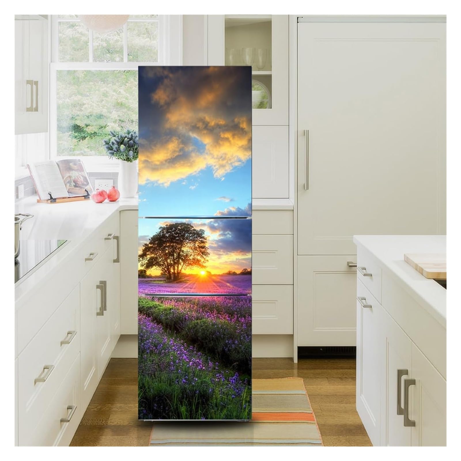 GDHKDDFL Minimalist, luxury-inspired fridge decals, Freezer Skins Wall Stickers for Kitchen Decal, Purple Lavender Sunset Scenery(S: 60x150 cm)