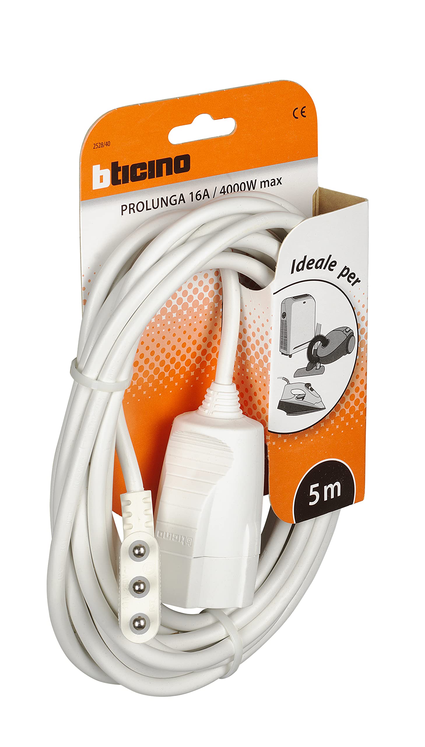 BTicino 2528/40 Prolunga Elettrica Domestica, cavo H05VV-F 3 x 1,0 mmq, Lunga 5 metri, con Spina Grande 16A e Presa Bivalente Schuko Standard Tedesco, 3500 W, 250 V, Bianco