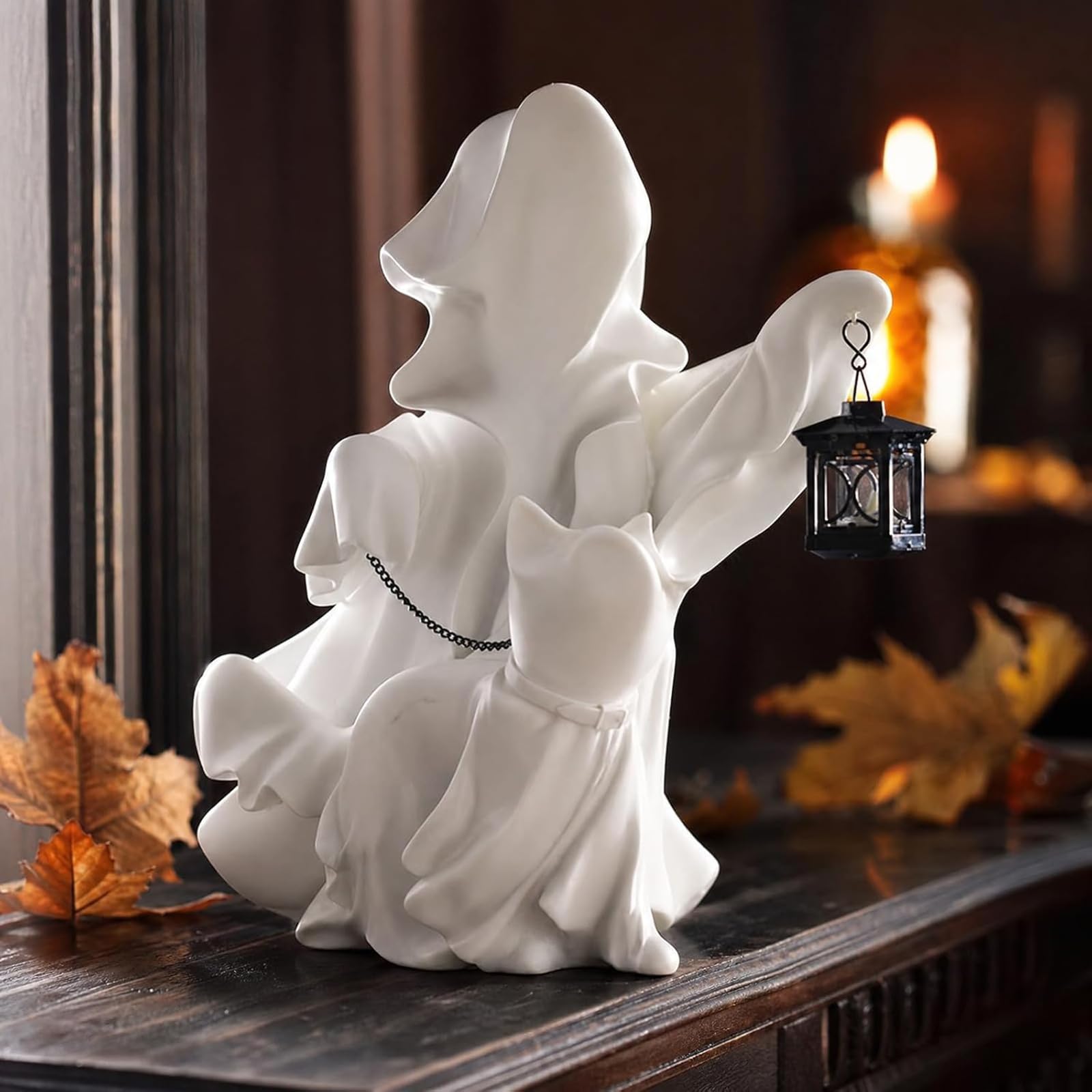 Halloween-Harz-Geist- und Katzenfigur for Wohnzimmer, Büro, Zuhause, 25 cm | Geister- und Katzenstatue aus Harz for Halloween und saisonale Heimdekoration
