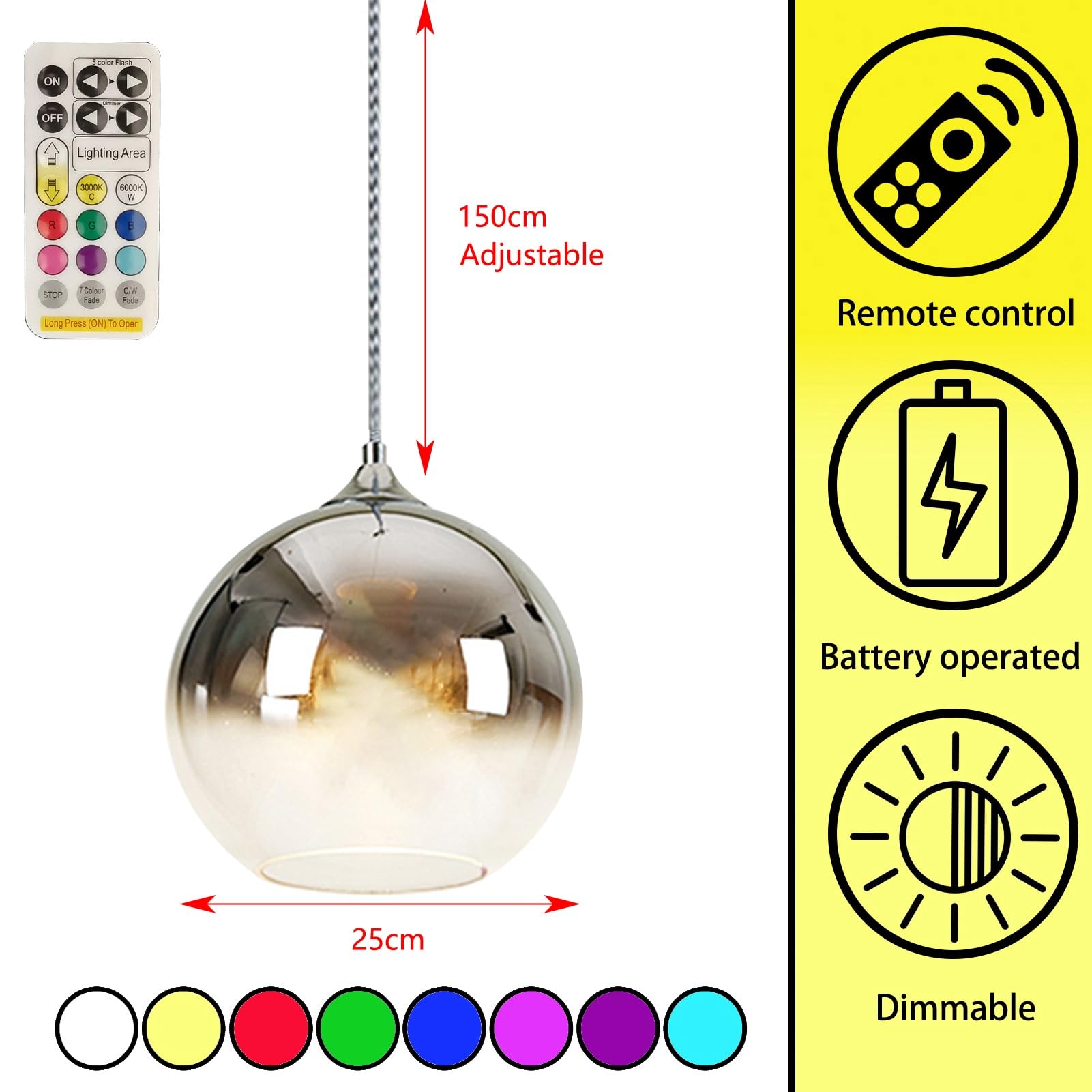 Batteriebetriebene Hängelampe Mit Fernbedienung – Glas, 6 RGB Farben, Dimmbar, Kabellos – Keine Verkabelung Nötig, In Silber