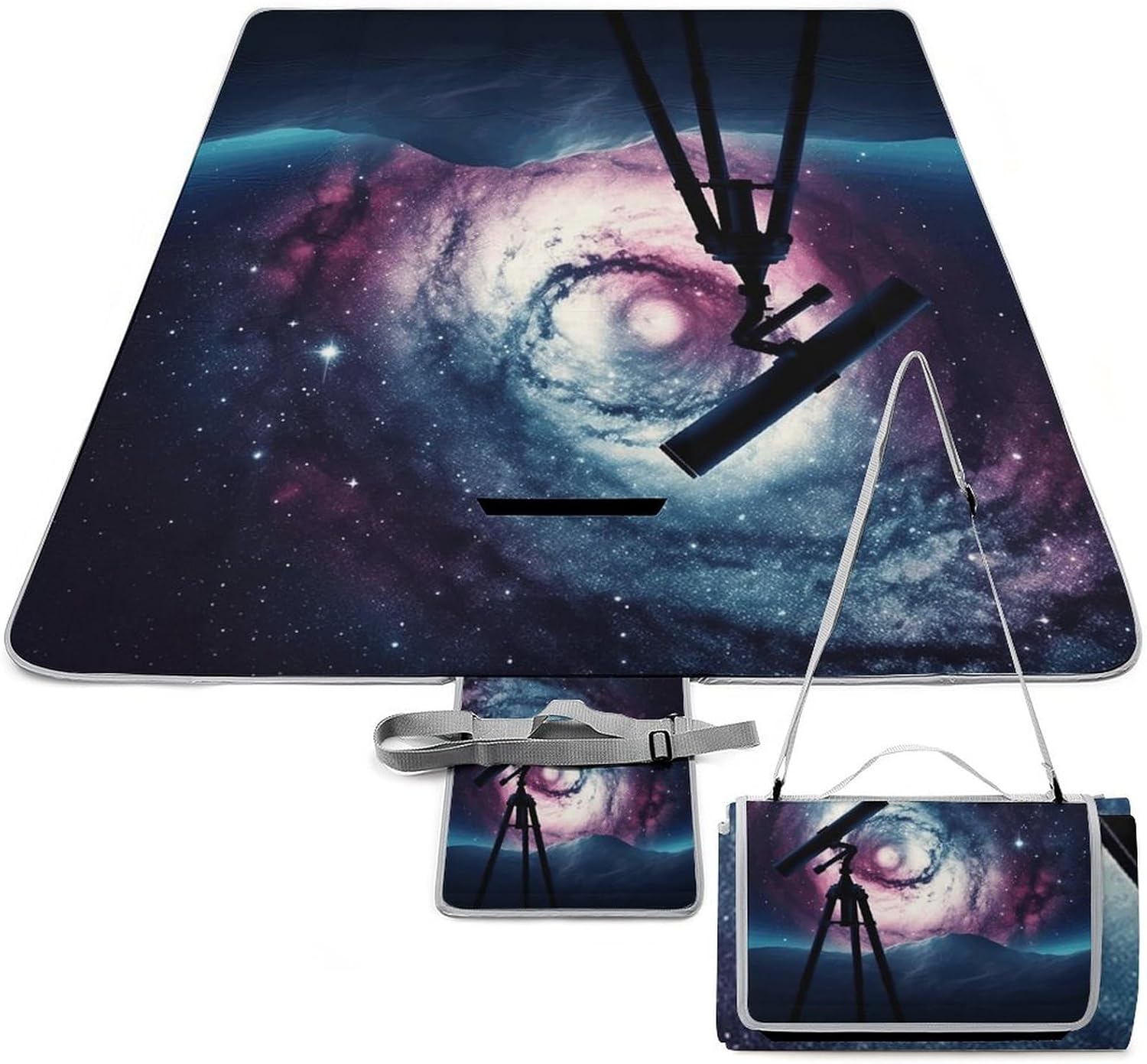 Space Galaxy with Telescope Beach Blanket Thickened Foldable Camping Mats Soft Lightweight Beach Pad Square Picnic Blankets with Shoulder Strap for Park Grass Patio Hiking