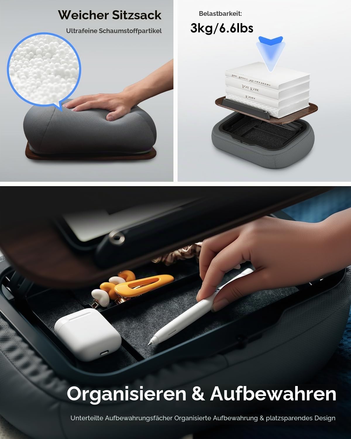 Viozon Buchhalter zum Lesen im Bett, mit Aufbewahrung, Schoßschreibtisch, für A3 ~ A5 Buch und 7 ~ 38,1 cm Tablet/Laptop, Sitzsack-Lesekissen, Seitenhalter, Multi-Winkel-Buchständer für freihändiges