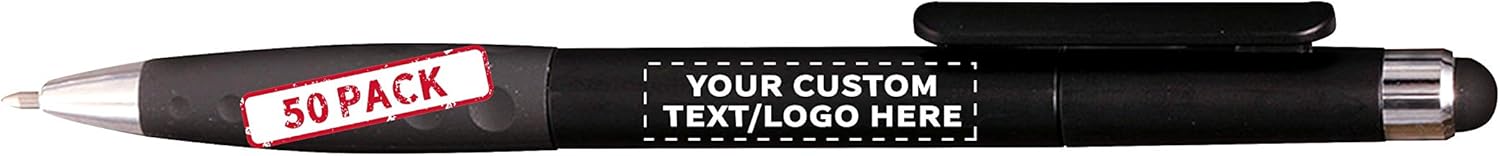 Personalized Twist Plastic Stylus Pens - 50 Pack - Plastic Pens - Customizable Text, Logo - Black