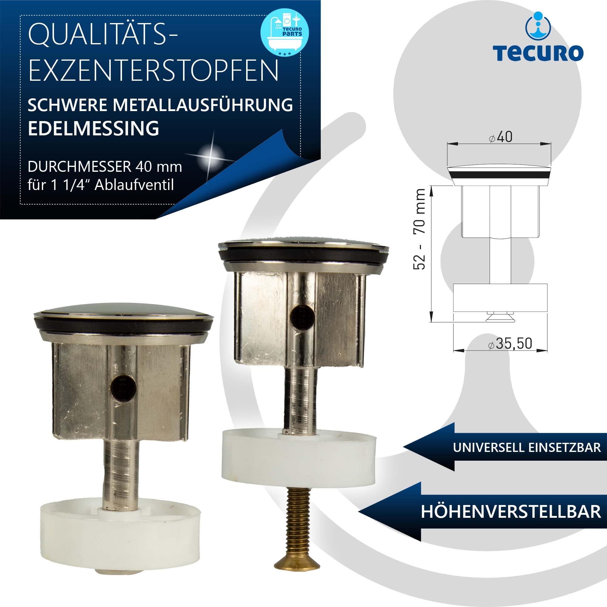tecuro - Universal Excenterstopfen Ablaufstopfen, Ø 40 mm, für 1 1/4 Zoll Ablaufventil - edelmessing