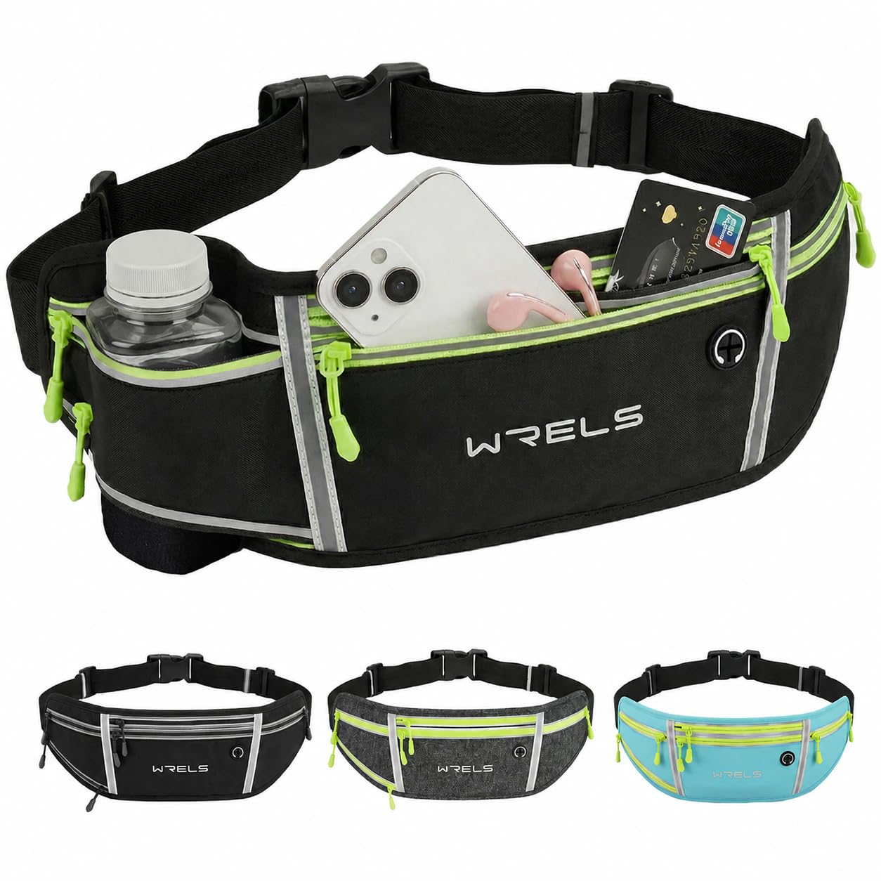 WRELS Running Belt with Water Bottle Pocket for Women Men,Adjustable Waterproof Waist Pack Running Phone Belt Fit Smartphone Up to 6.8"